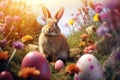 Pastel Paradise: Cute Easter Bunny Amidst a Radiant Spring Scene with Colorful Eggs. Generative AI