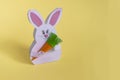 Step by step photo instruction How to make Origami paper bunny with carrot for Easter greetings card. C