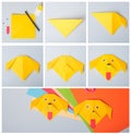 Step by step photo instruction. How to make origami paper dog. DIY for children. Children`s art project craft for kids