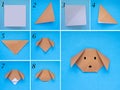 Step by step photo instruction how to make origami paper dog. Simple diy kids children`s concept Royalty Free Stock Photo