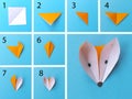 Step by step photo instruction how to make origami paper fox. Simple diy with kids children's concept. Royalty Free Stock Photo