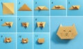 Step by step photo instruction how to make origami paper kitty. Simple diy kids children's concept. Royalty Free Stock Photo