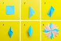 Step by step photo instruction how to make origami paper personalized xmas decoration snowflake. Simple diy with kids Royalty Free Stock Photo