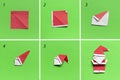 Step by step photo instruction how to make origami paper santa head. Simple diy kids children's concept. Royalty Free Stock Photo