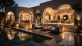 Step into a picturesque scene where a modern Moroccan high-end backyard in Palm Beach is bathed in the warm glow of sunset