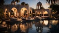 Step into a picturesque scene where a modern Moroccan high-end backyard in Palm Beach is bathed in the warm glow of sunset