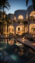 Step into a picturesque scene where a modern Moroccan high-end backyard in Palm Beach is bathed in the warm glow of sunset