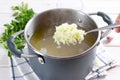 Step-by-step preparation soup with pumpkin and vegetables, step - adding cabbage to the broth