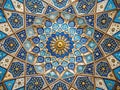 A Surreal Exploration of Islamic Geometric Design Intricate Blue Gold and White Mosaics in a Fantastical Architectural Royalty Free Stock Photo