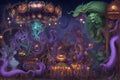 Mythical Creatures Carnival: Whimsical Halloween Fantasy with Mermaid Carousel, Chimera Haunted House, and Kraken Roller Coaster.