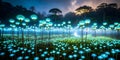 A Celestial Bloom in the Heart of an Enchanted Forest Glowing Blue Flowers Illuminate a Night of Magical Royalty Free Stock Photo