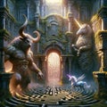 Mystical Sentinels: Unicorn And Minotaur Protecting Ancient Portal