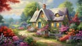 Enchanted Bloom Haven: A Charming Cottage Garden Overflowing with Floral Splendor and Timeless Elegance - AI Generative