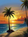 Sunset Serenity A Picture Perfect Painting of Beach Bliss with Sea, Palm Trees, and Childlike Charm