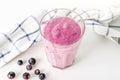 Step by step recipe cooking black currant smoothie. Step 6 mixed bananas, berries, cottage cheese and milk in glass. Home Cooking Royalty Free Stock Photo