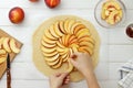 Step by step recipe galette or pie with nectarines. Female hands lay out slices of nectarine on the dough. Royalty Free Stock Photo