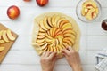 Step by step recipe galette or pie with nectarines. Female hands wrapping dough`s edges around stuffing. Royalty Free Stock Photo