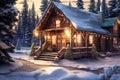 Winter Wonderland Cabin Adorned with Holiday Lights Royalty Free Stock Photo