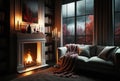 Autumnal Enchantment: Cozy Home with Fireplace and Leafy Deluge Outside Royalty Free Stock Photo