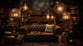 A steampunk-inspired reading room adorned with vintage brass gadgets and leather-bound books. Soft light from ornate lamps creates