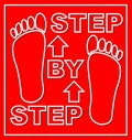 Step by step emblem for workflow presentation with footprints on red background. Modern flat design.