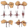 Step-by-step illustration showing how to tie a complex knot using striped red and Royalty Free Stock Photo