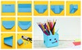 Step-by-step instructions on how to make a box in the form of a little devil for storing colored pencils. Children`s creativity.