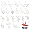 Step by step instructions how to make origami A Bird. Royalty Free Stock Photo