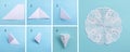 Step by step photo instruction how to make origami paper personalized xmas decoration snowflake. Simple diy with kids Royalty Free Stock Photo