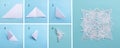 Step by step photo instruction how to make origami paper personalized xmas decoration snowflake. Simple diy with kids Royalty Free Stock Photo