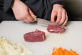 Step-by-step process and stages of cooking oriental cuisine - pilaf. The cook cuts a piece of meat for pilaf.