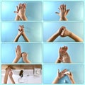 Collage instruction of proper hand washing with soap. Antiseptic treatment.