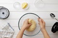 Step by step recipe galette or pie with nectarines. Female hands kneading a dough. Royalty Free Stock Photo