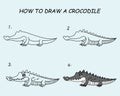Step by step to draw a Crocodile. Drawing tutorial a Crocodile. Drawing lesson for children. Vector illustration