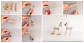 Step-by-step tutorial for creating DIY reindeer puppets using cardboard tubes, wooden sticks, and bottle caps. Collage Royalty Free Stock Photo