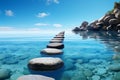 Step stones create a serene pathway in the calm blue water, embodying Zen
