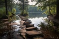 step stones leading to a serene lake, surrounded by towering trees