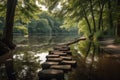 step stones leading to a serene lake, surrounded by towering trees