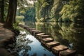 step stones leading to a serene lake, surrounded by towering trees