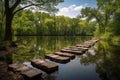 step stones leading to a serene lake, surrounded by towering trees