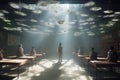 Step into a surreal classroom where students