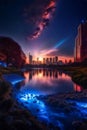 Futuristic city surreal sci-fi landscape with flowing water