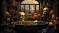 Step into a surreal world where a skeleton finds relaxation in a claw bathtub. Ceated with Generative AI