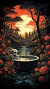 Step into a surreal world where a skeleton finds relaxation in a claw bathtub. Ceated with Generative AI
