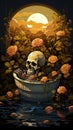 Step into a surreal world where a skeleton finds relaxation in a claw bathtub. Ceated with Generative AI