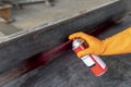 Use spray Liquid Penetrant into the welded with process Penetrant Testing Royalty Free Stock Photo