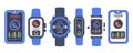 Step tracking. Set of Smartphone and Smart watch with pedometer app. Step counter on digital elements. Smartphone screen with