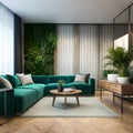 Green living room with house plants, a parquet floor, and a vertical garden AI GENERATED