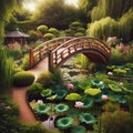 Japanese Style Bridge Over Lily Pad Oasis Royalty Free Stock Photo