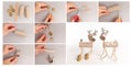 Step-by-step tutorial for creating DIY reindeer puppets using cardboard tubes, wooden sticks, and bottle caps. Collage Royalty Free Stock Photo